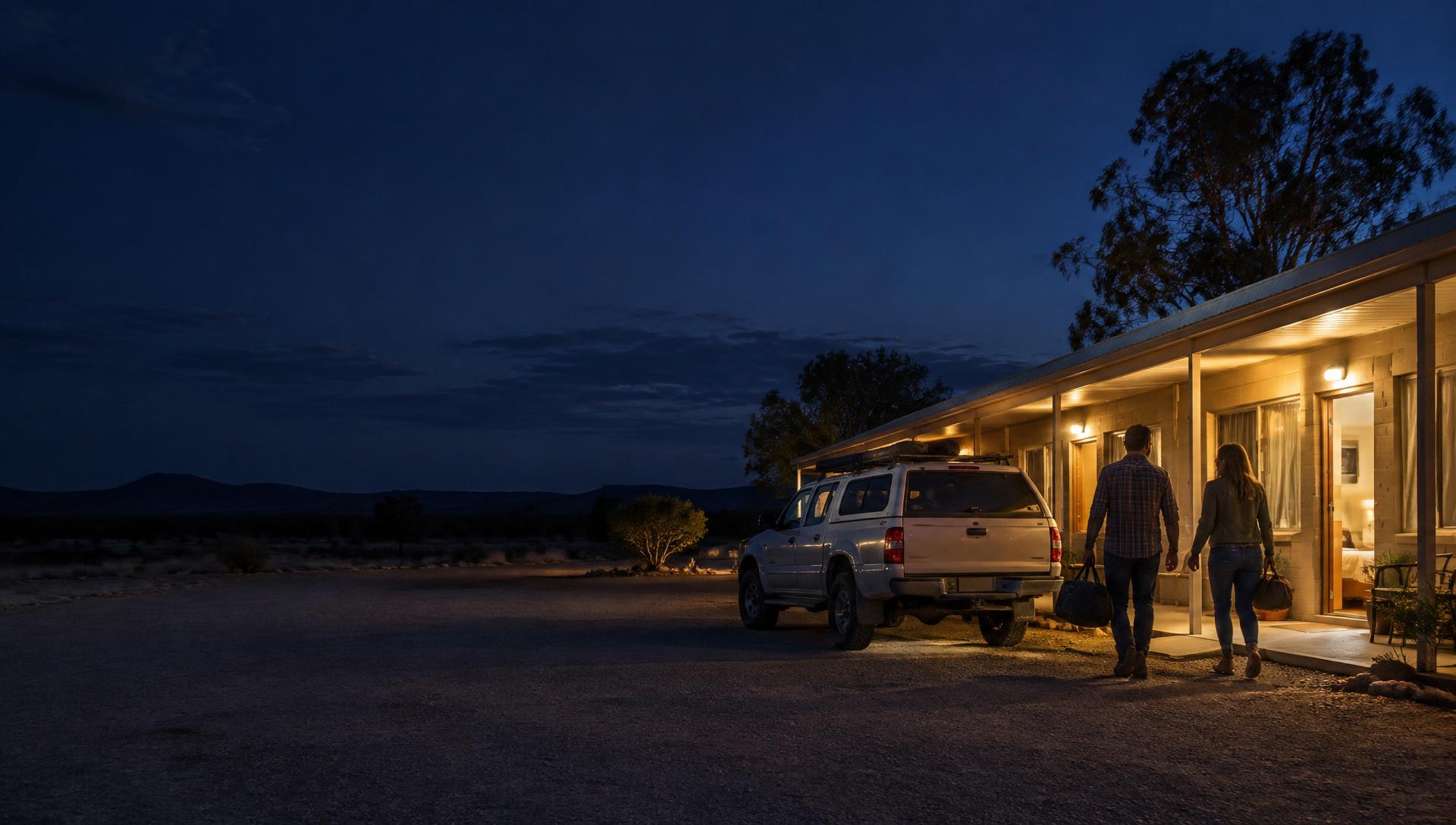 Travellers arriving with bags at a warmly lit regional motel at dusk