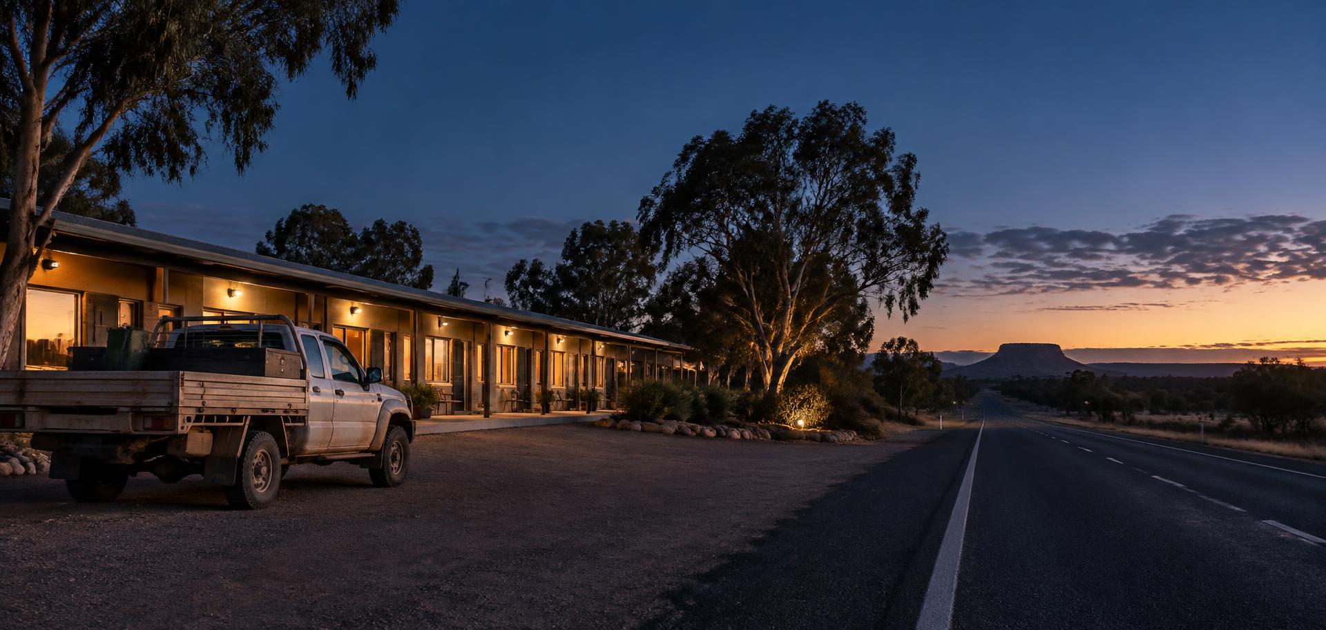 Regional Australian roadside accommodation ready for travellers at dusk